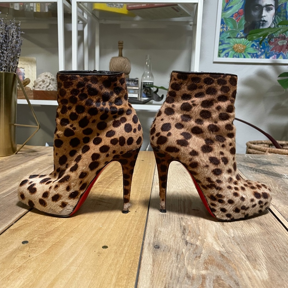 Louboutin Leopard Pony Fur Heeled Booties 36